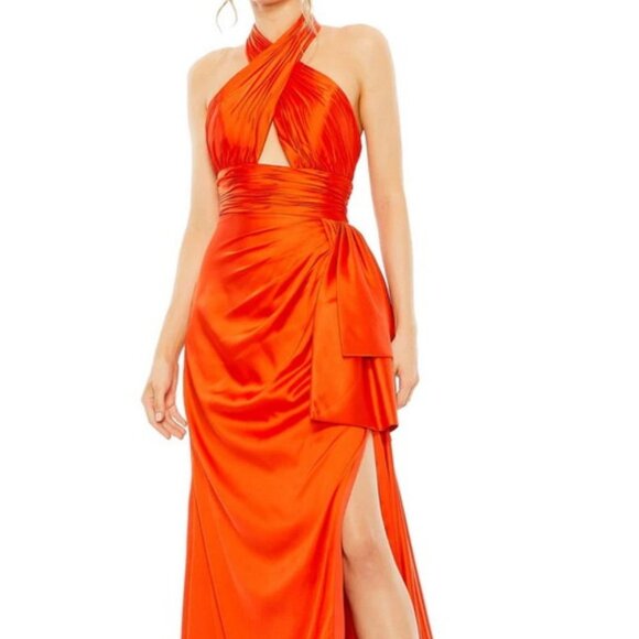 Mac Duggal Orange Gathered Halter Ruffle Side Slit Gown